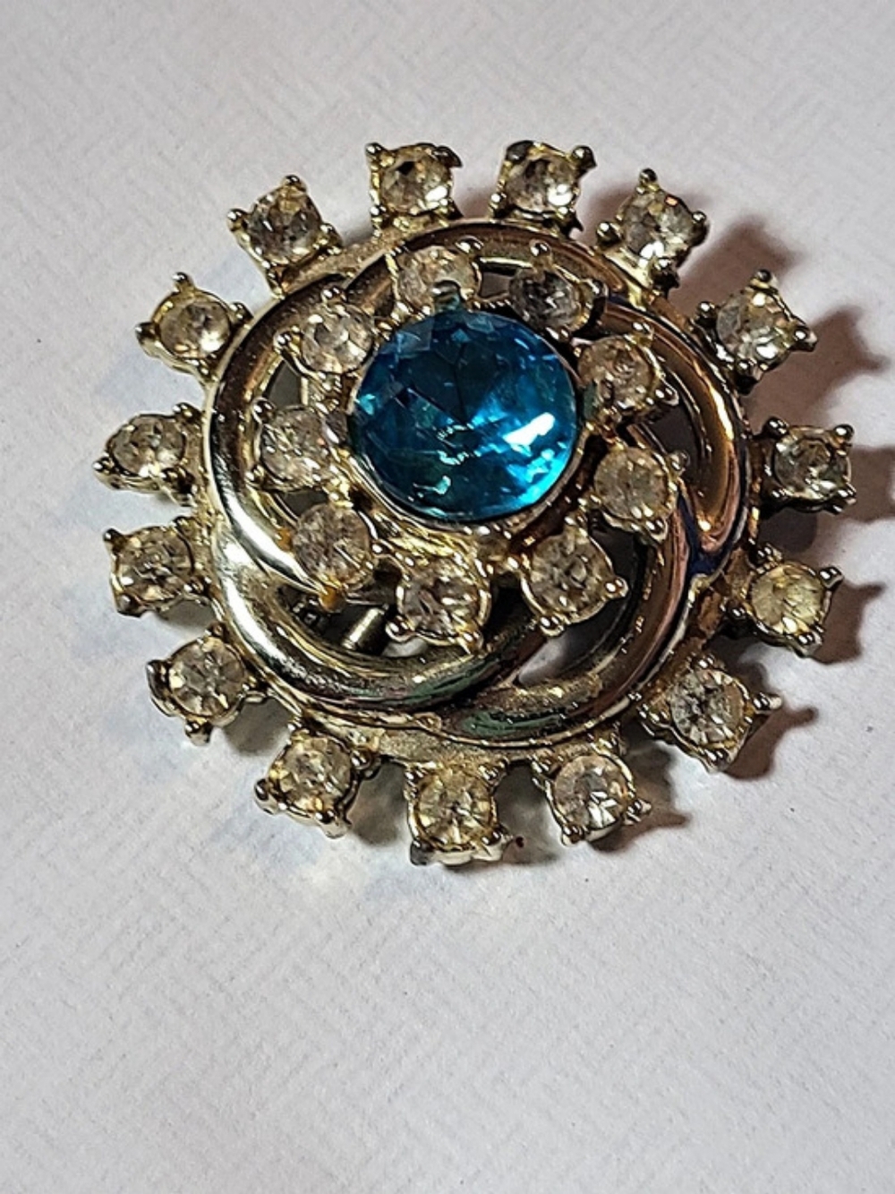 Blue Rhinestone Sunburst Brooch